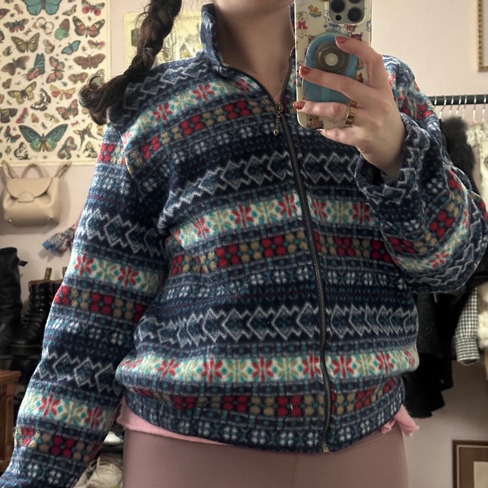 Cabin Creek Multicolor Fleece Jacket Vintage 90s Winter Brass Zipper Pull